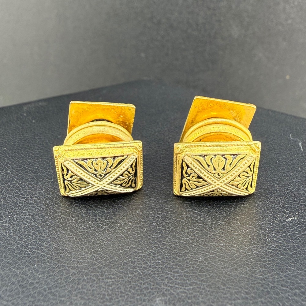 Vintage Damascene Cufflinks Gold Tone Black Enamel Geometric Scrollwork READ - Picture 3 of 7